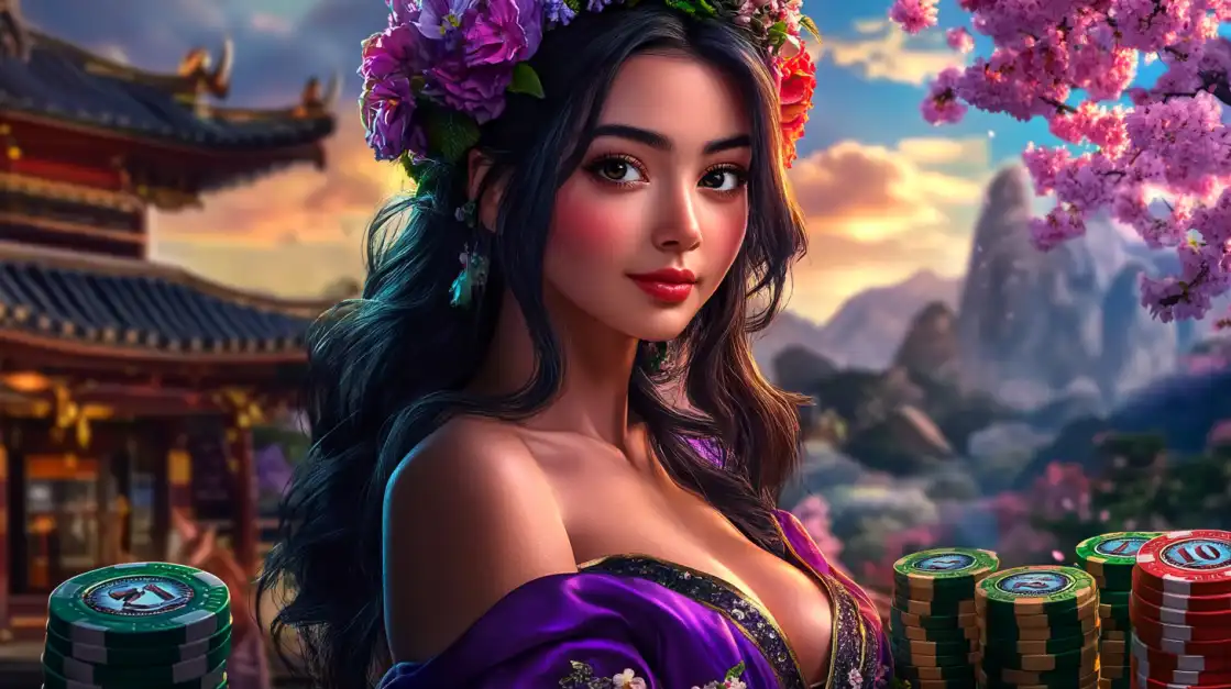 Experience the Richness of India-Themed Games at 1111VIP A beautiful woman with long dark hair, wearing an elegant red and green traditional outfit and ornate jewelry, smiles in a luxurious setting with falling petals. Experience the rich Indian-themed games at 1111VIP.