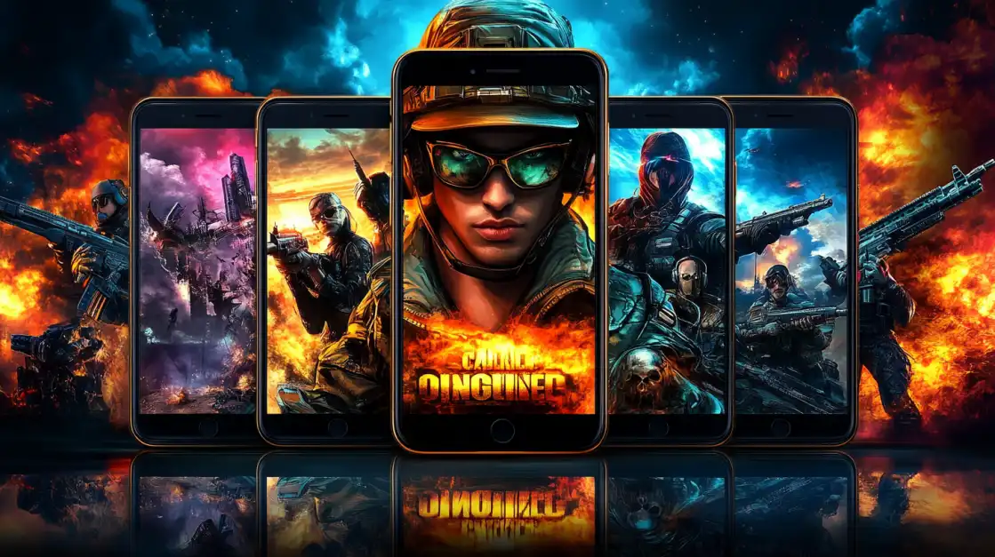 Choose Your Hero and Win with 1111VIP Adventure Slots A close-up of a smartphone screen showing a stylish female warrior, surrounded by a gallery of other action game characters, promoting the exciting adventure slots on the 1111VIP app.