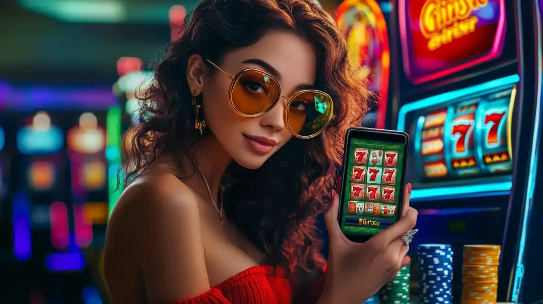 Go on a Wild West Adventure with 1111VIP Slots A cool and stylish woman in a cowboy hat and leather jacket poses in a brightly lit casino, representing the thrilling and adventurous Western-themed slot games available at 1111VIP.